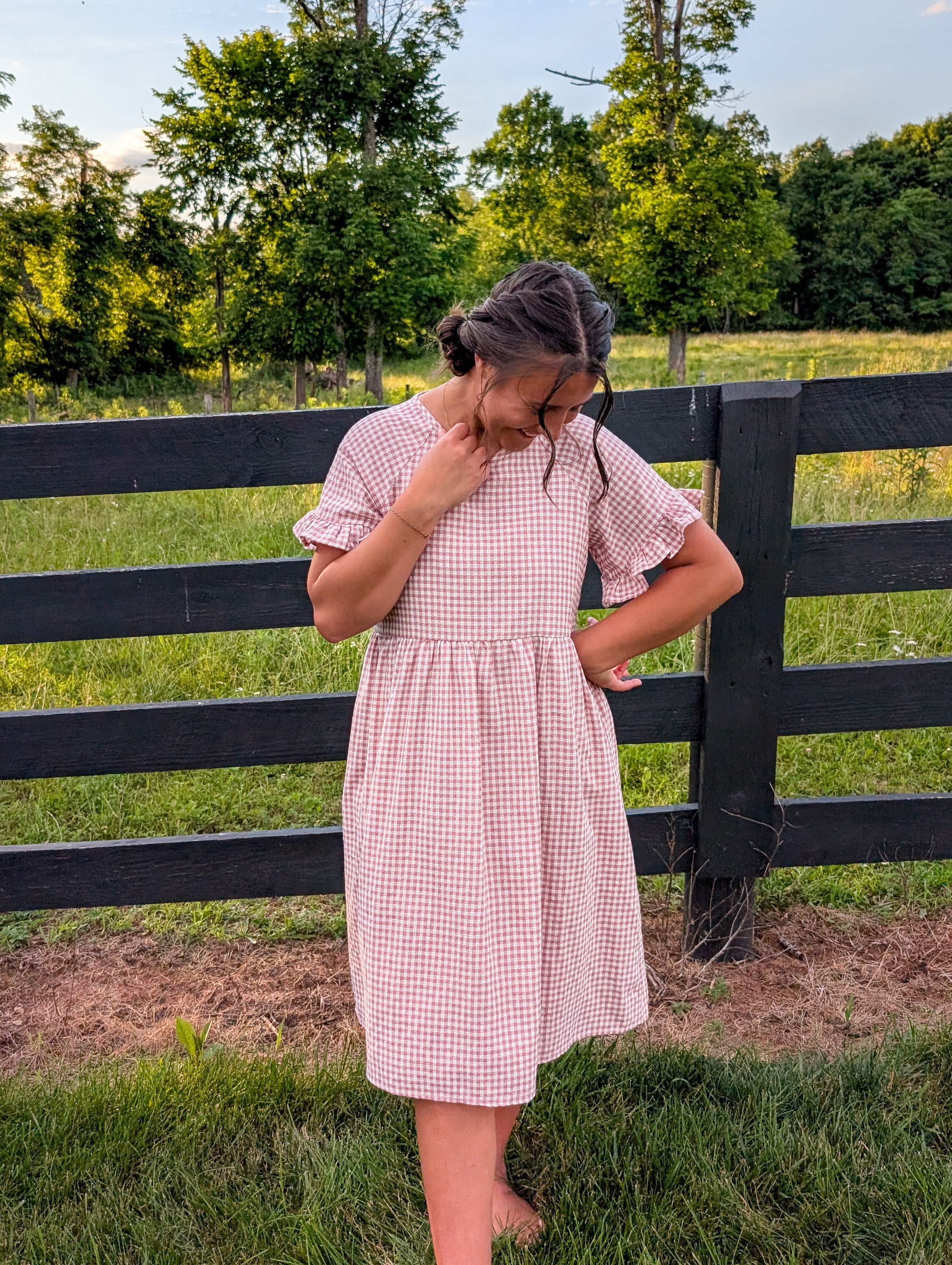 'Amelia' Gingham Midi Dress in Soft Pink