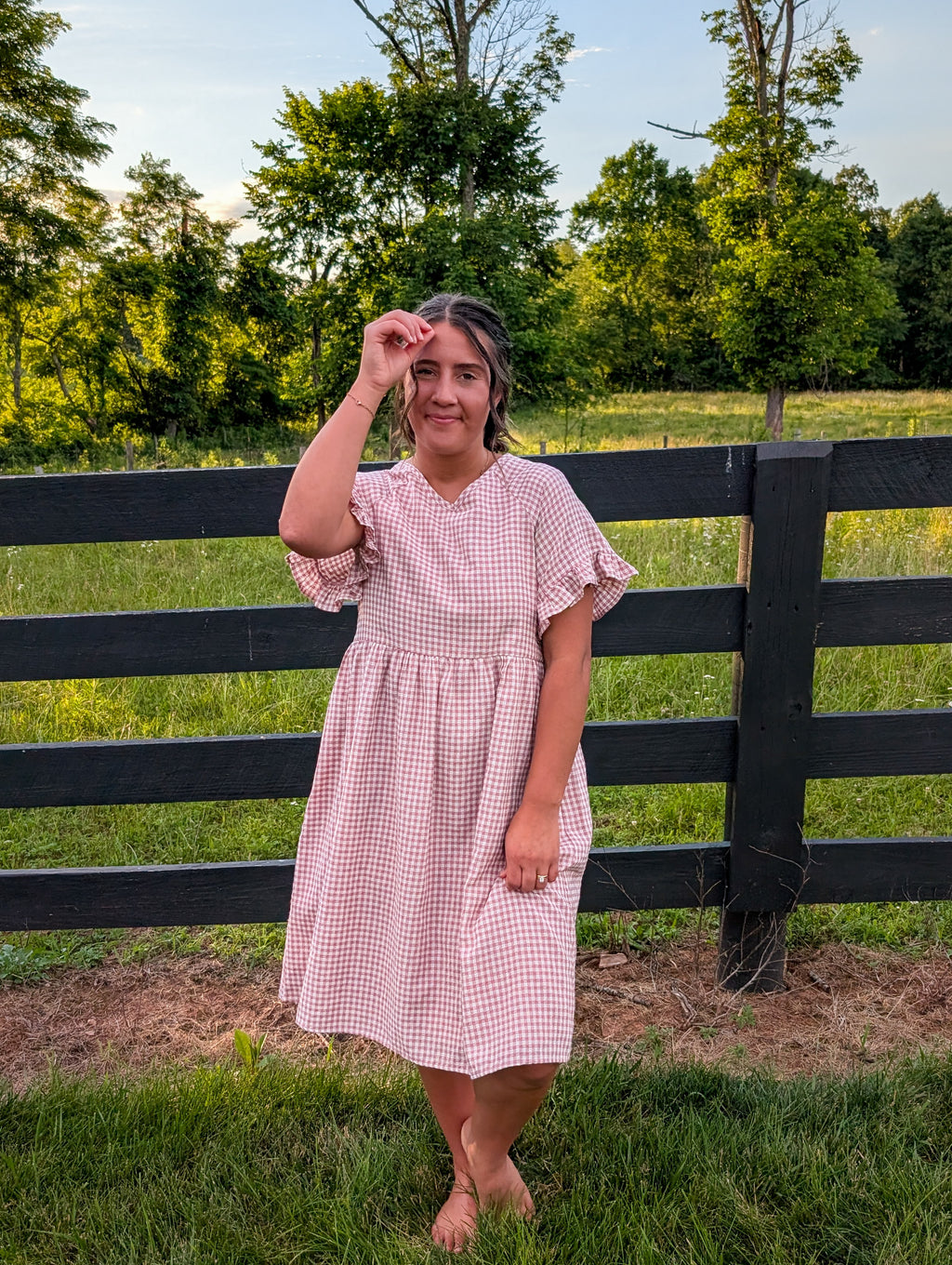 'Amelia' Gingham Midi Dress in Soft Pink
