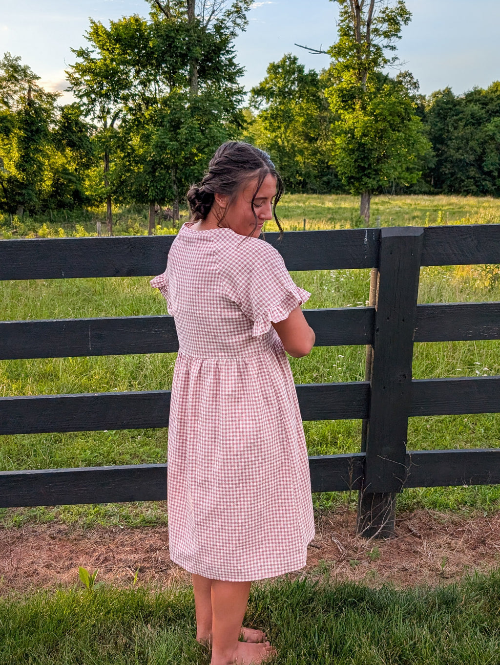 'Amelia' Gingham Midi Dress in Soft Pink