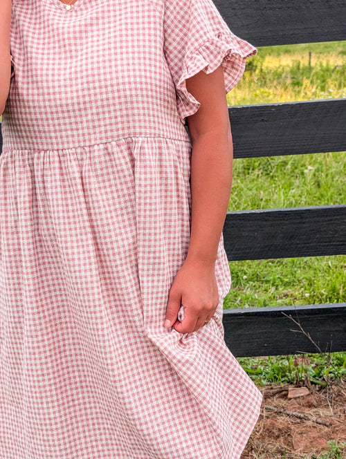 'Amelia' Gingham Midi Dress in Soft Pink