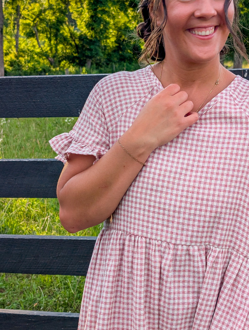 'Amelia' Gingham Midi Dress in Soft Pink