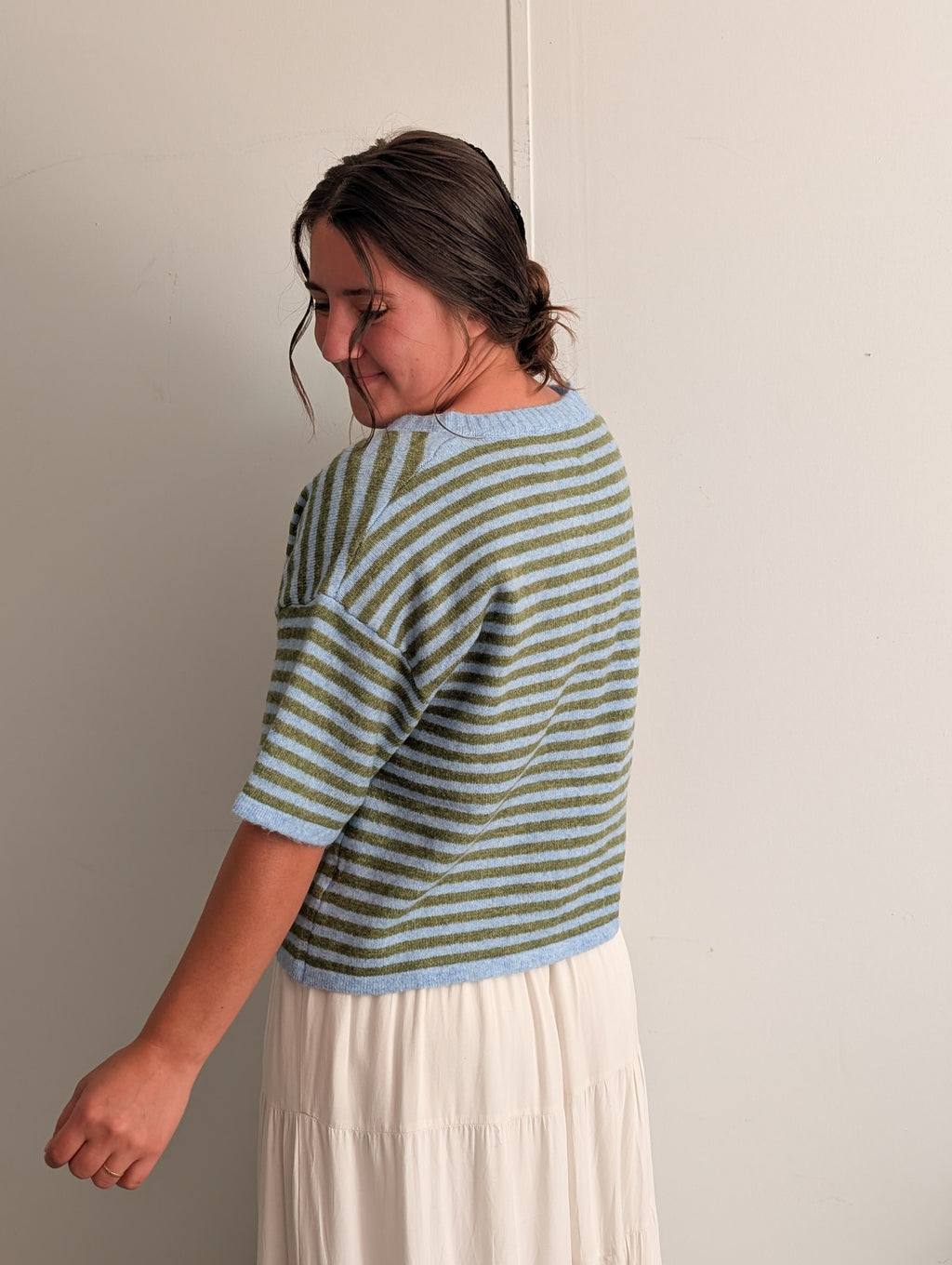 'Meg' Short Sleeve Cardigan in Soft Blue