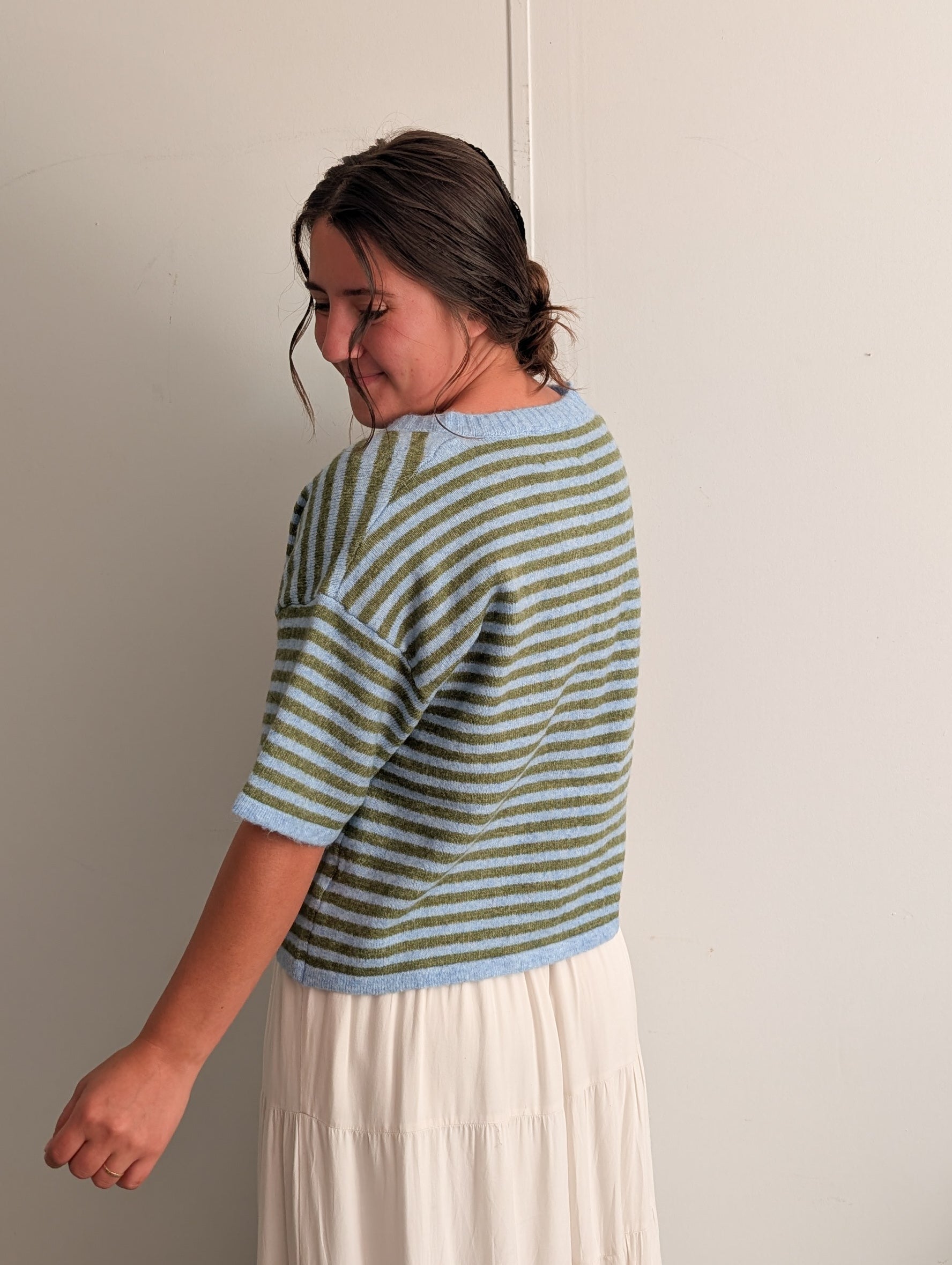 'Meg' Short Sleeve Cardigan in Soft Blue