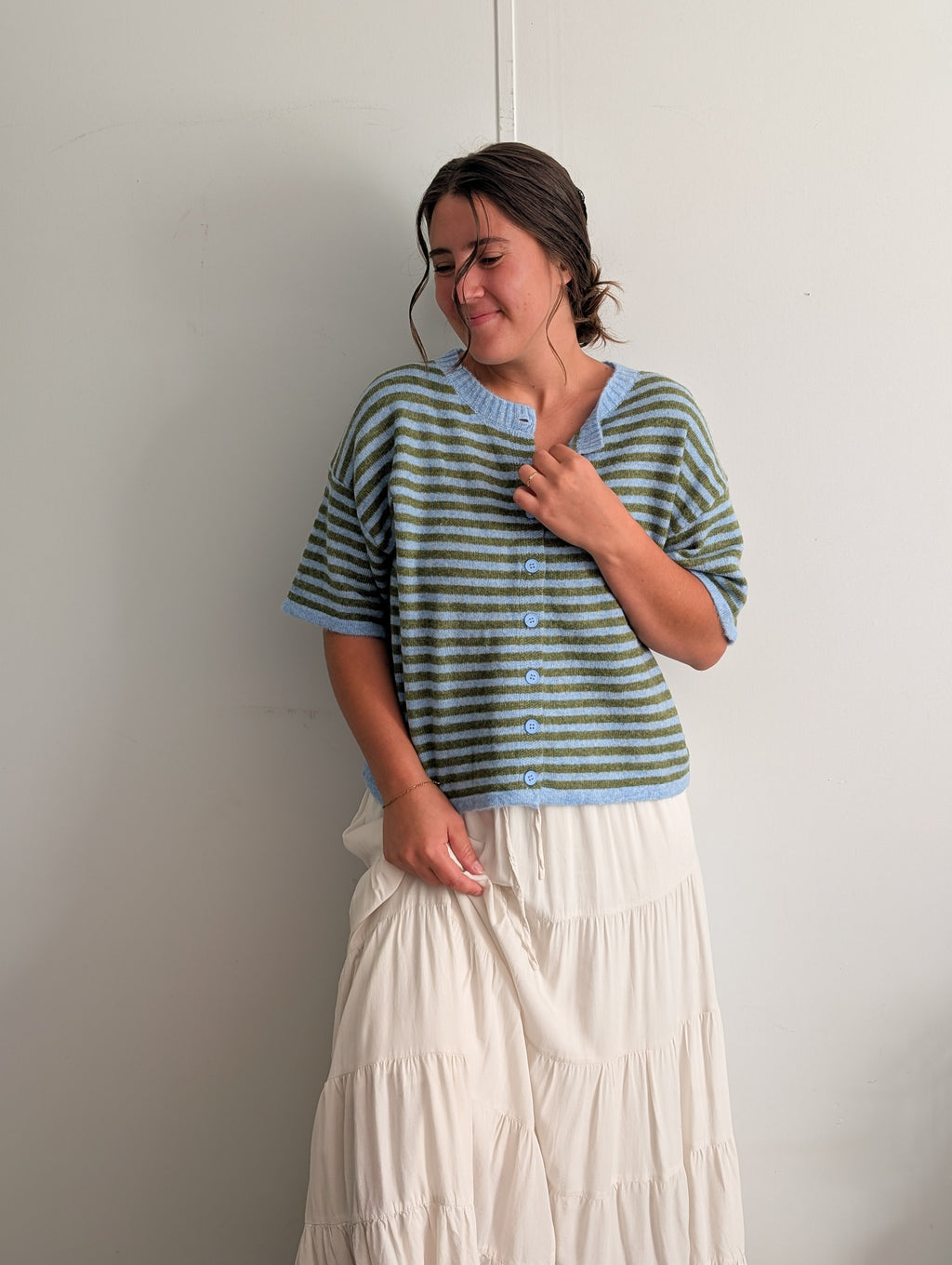'Meg' Short Sleeve Cardigan in Soft Blue