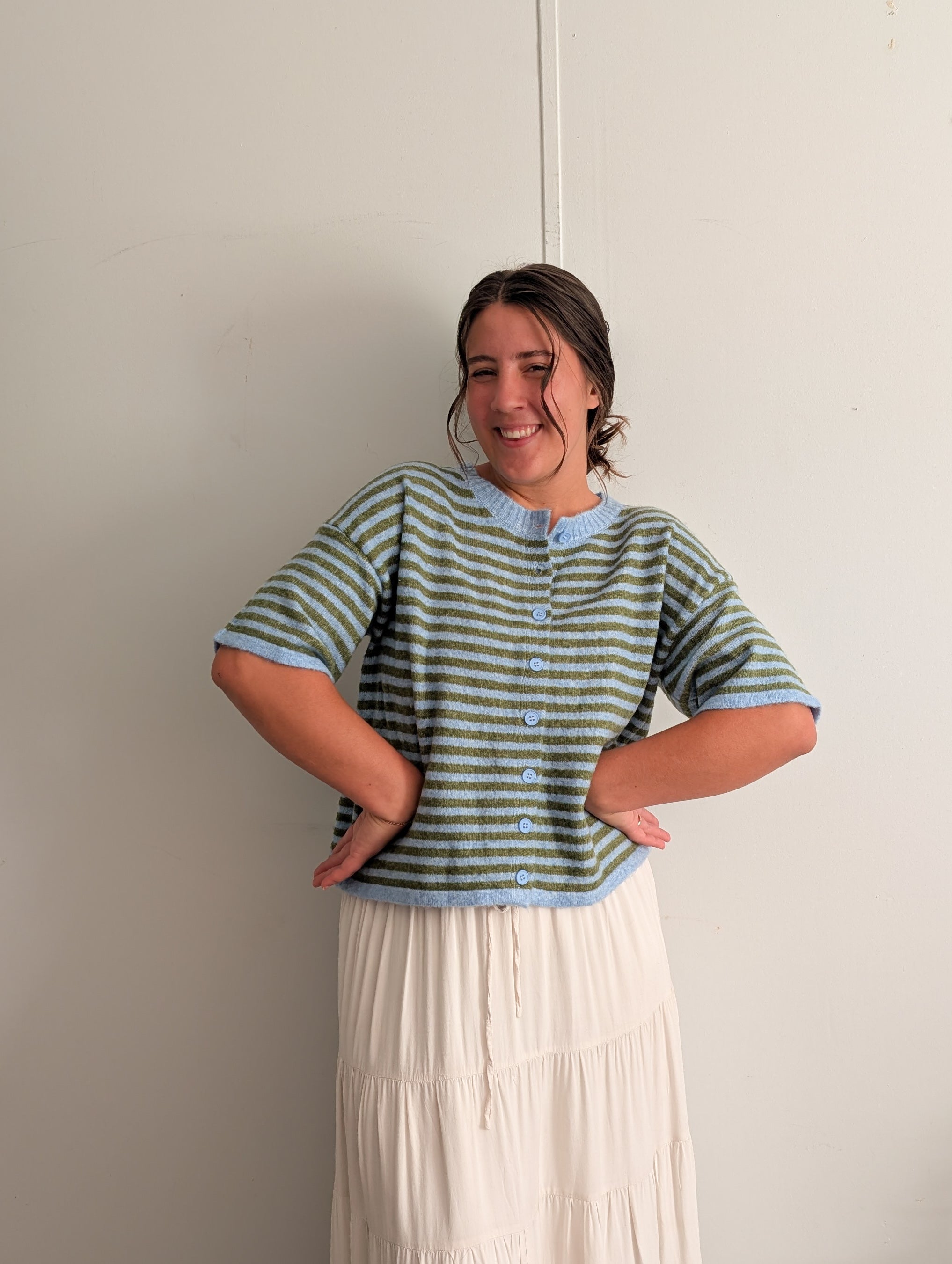 'Meg' Short Sleeve Cardigan in Soft Blue