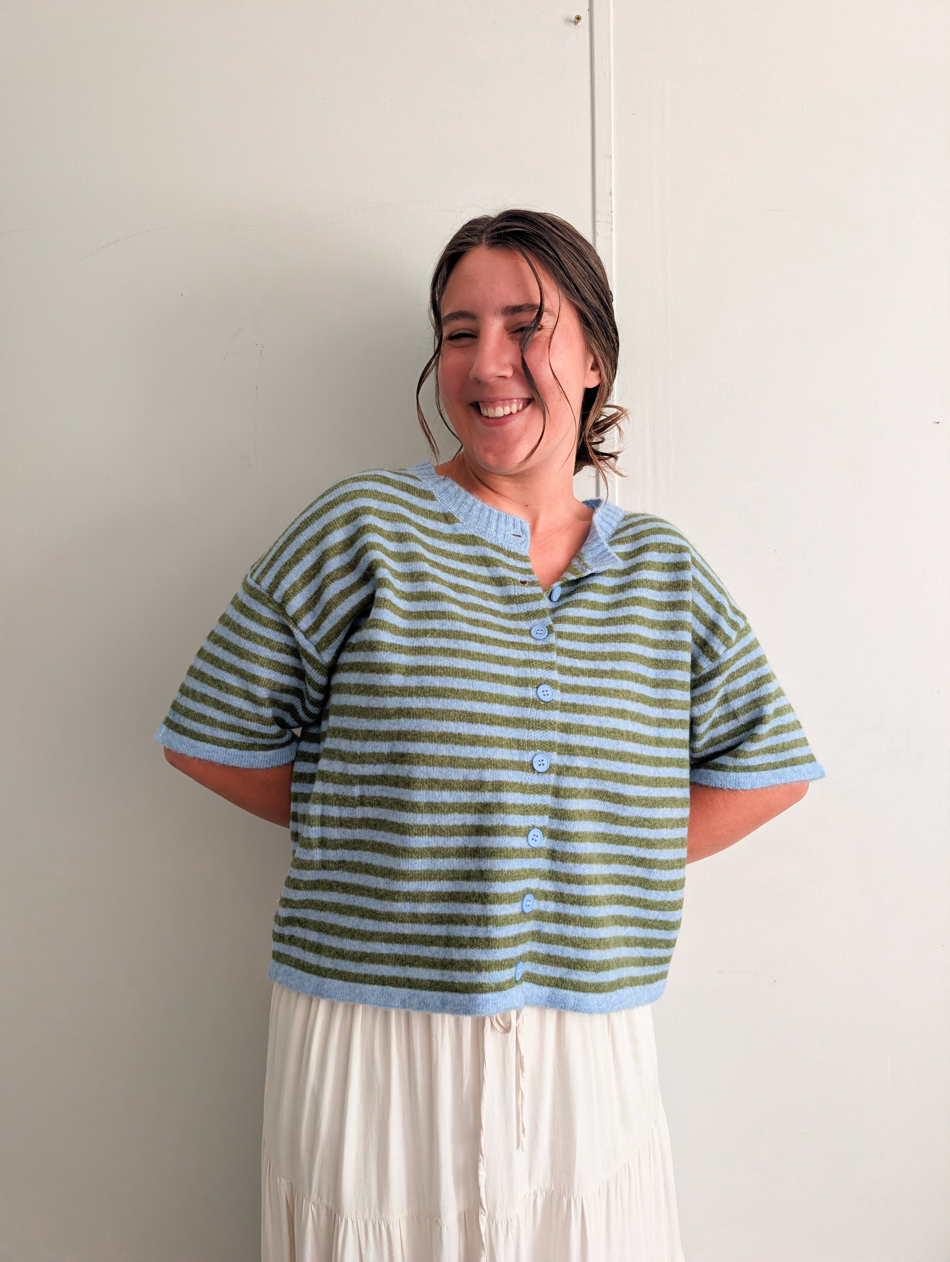 'Meg' Short Sleeve Cardigan in Soft Blue