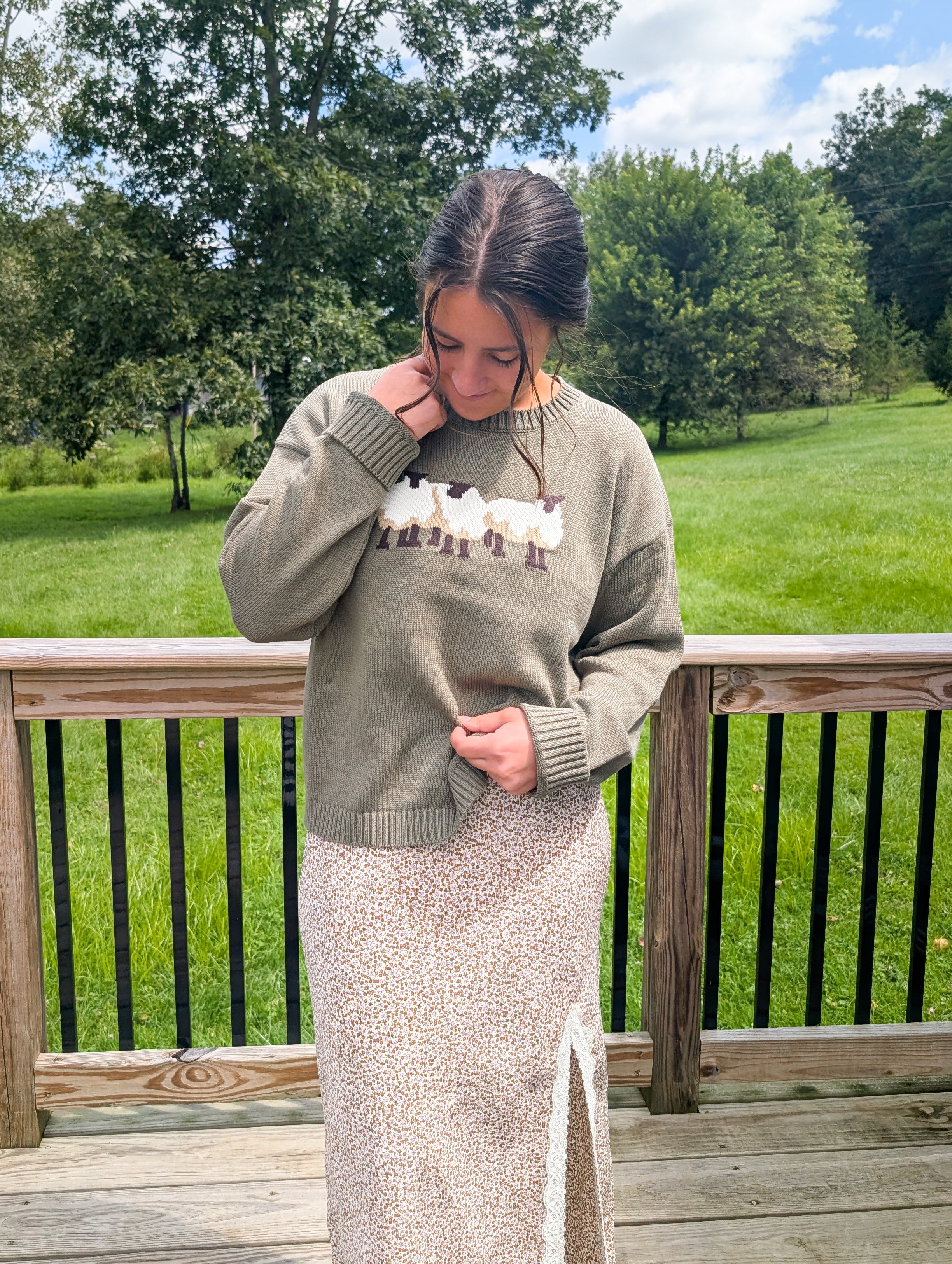 100% Cotton Sheep Trio Crew in Olive