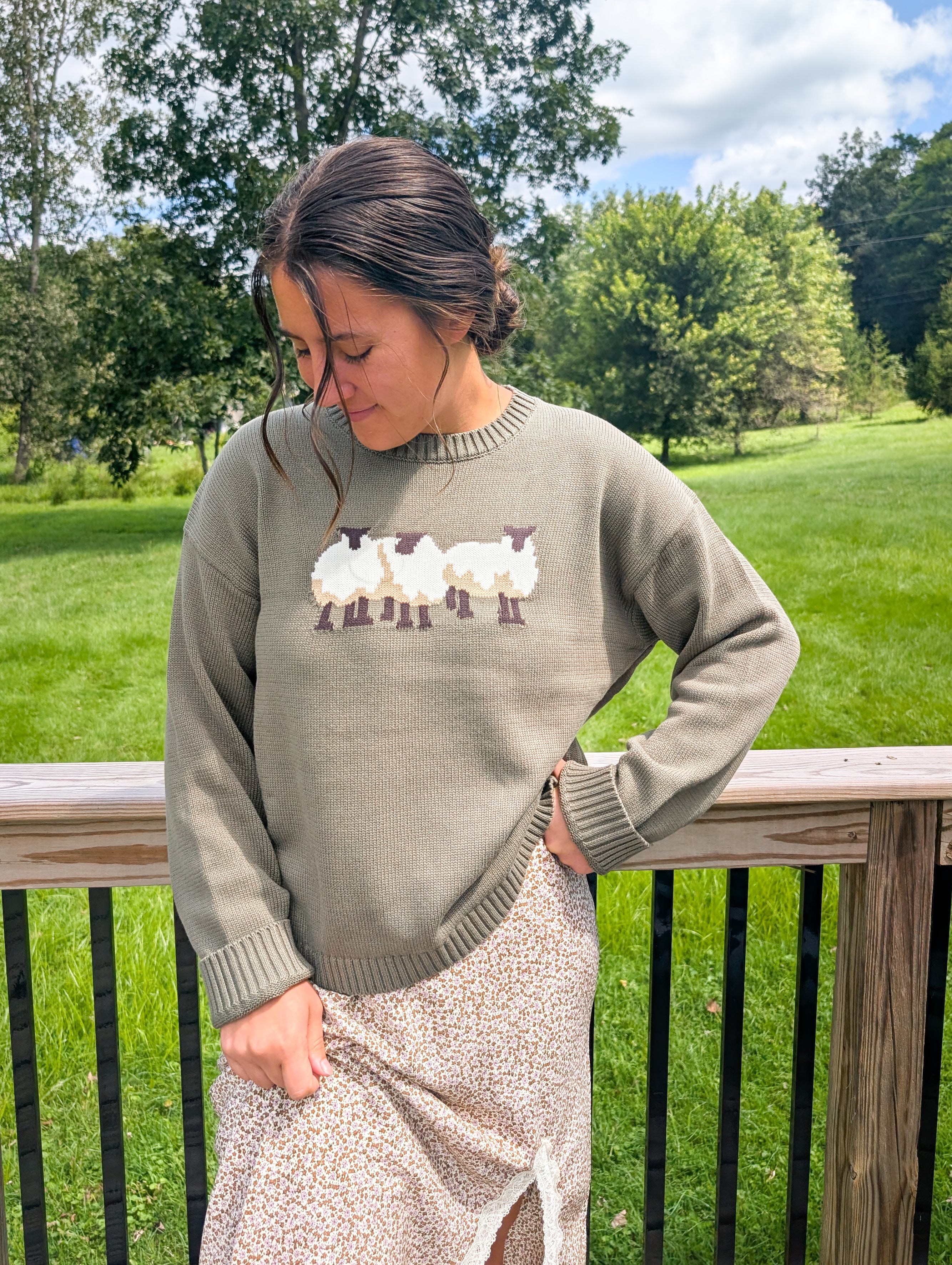100% Cotton Sheep Trio Crew in Olive