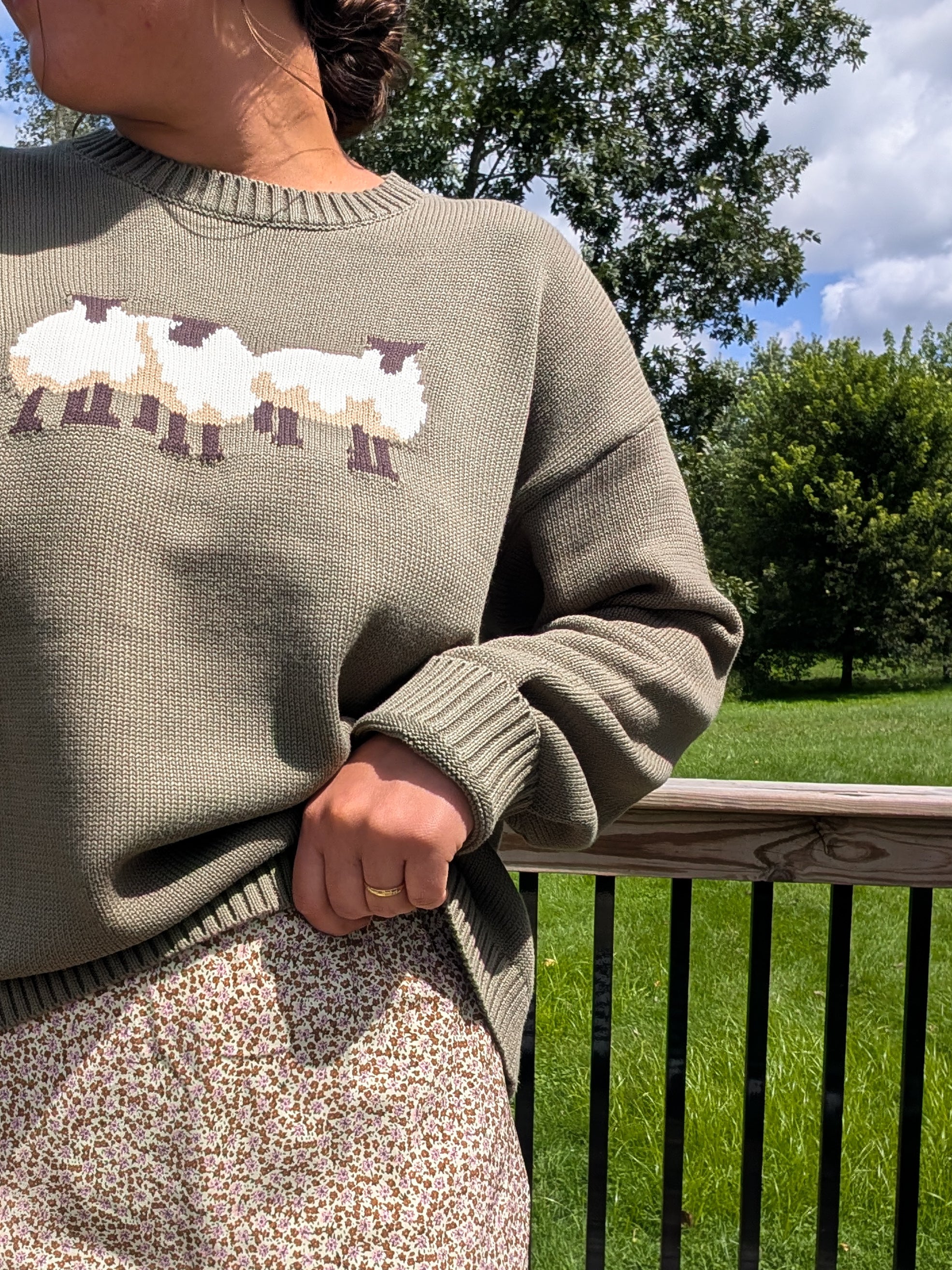 100% Cotton Sheep Trio Crew in Olive