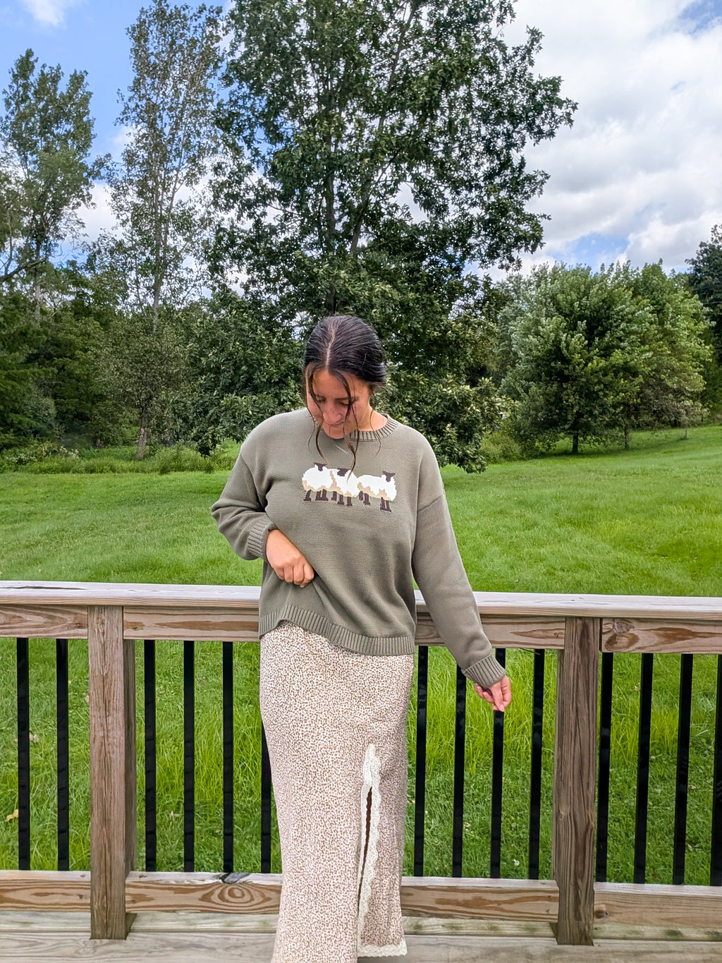 100% Cotton Sheep Trio Crew in Olive