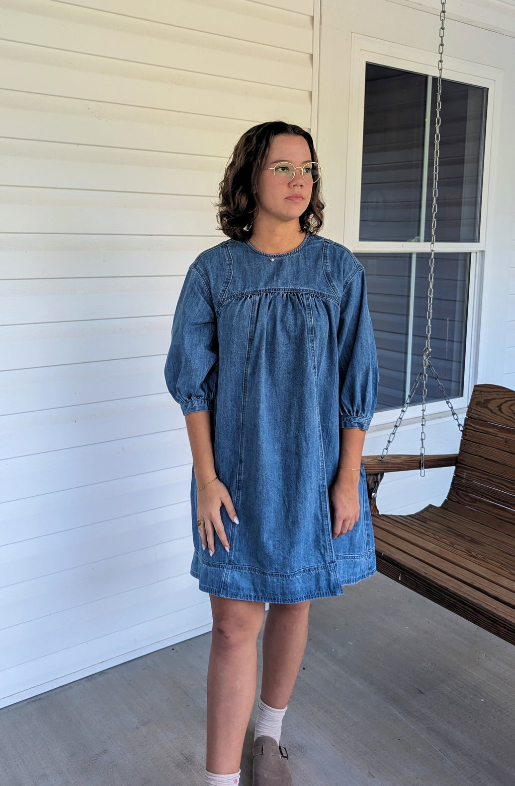 'Leah' Denim Mini Dress in Medium Wash