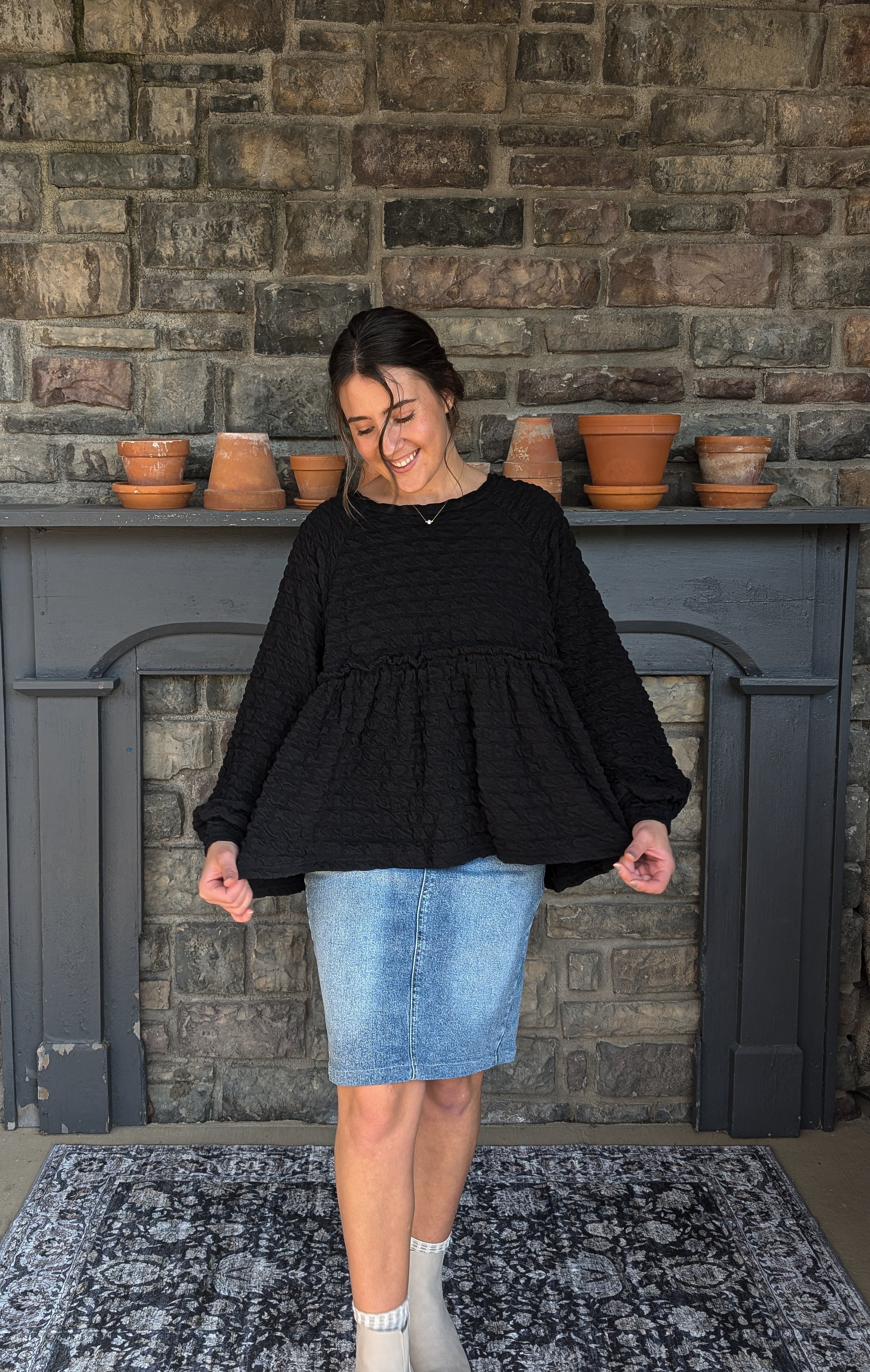 'Grace' Babydoll Knit Top in Black FINAL SALE