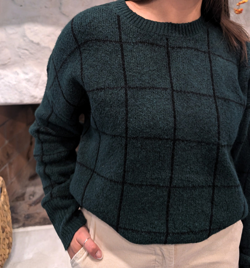 'Neve' Checked Print Sweater in Emerald Green