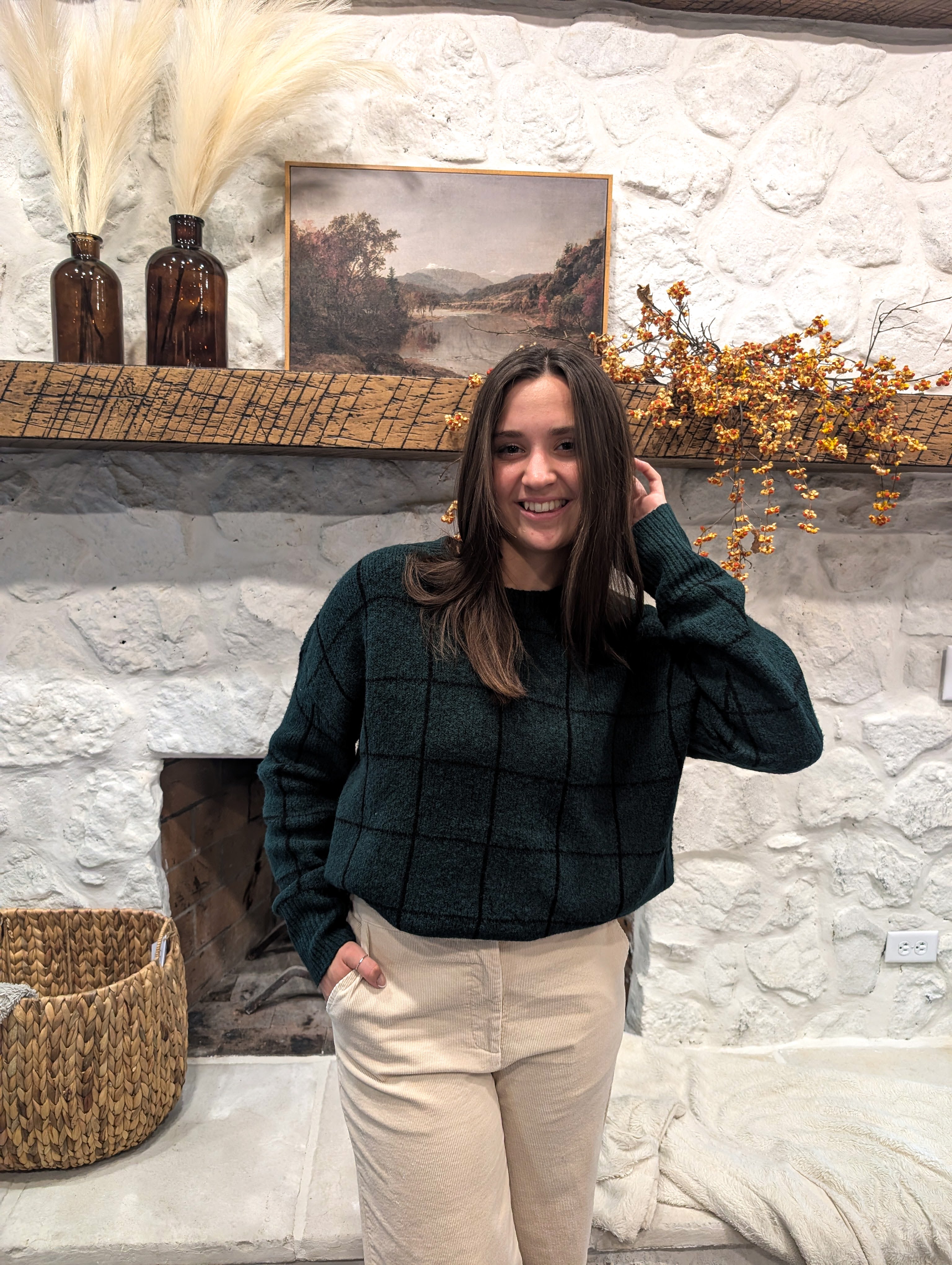 'Neve' Checked Print Sweater in Emerald Green