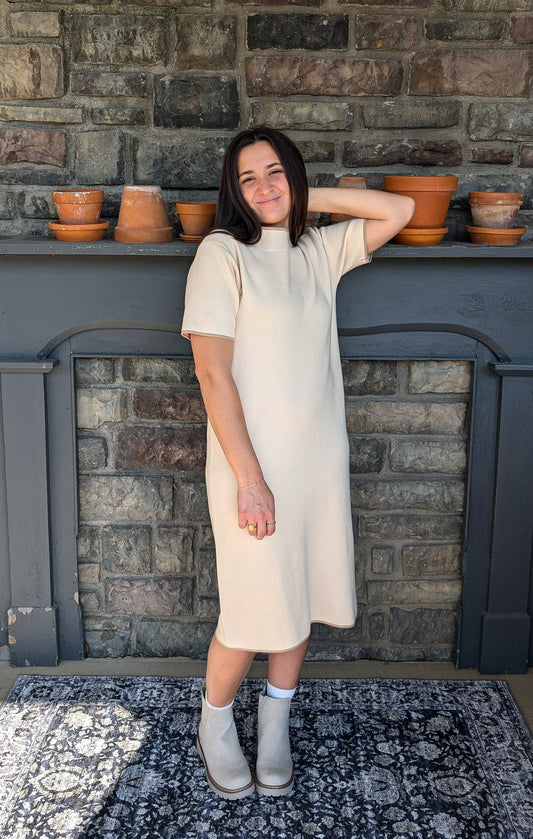 Luna Mock Neck Midi Dress in Cream