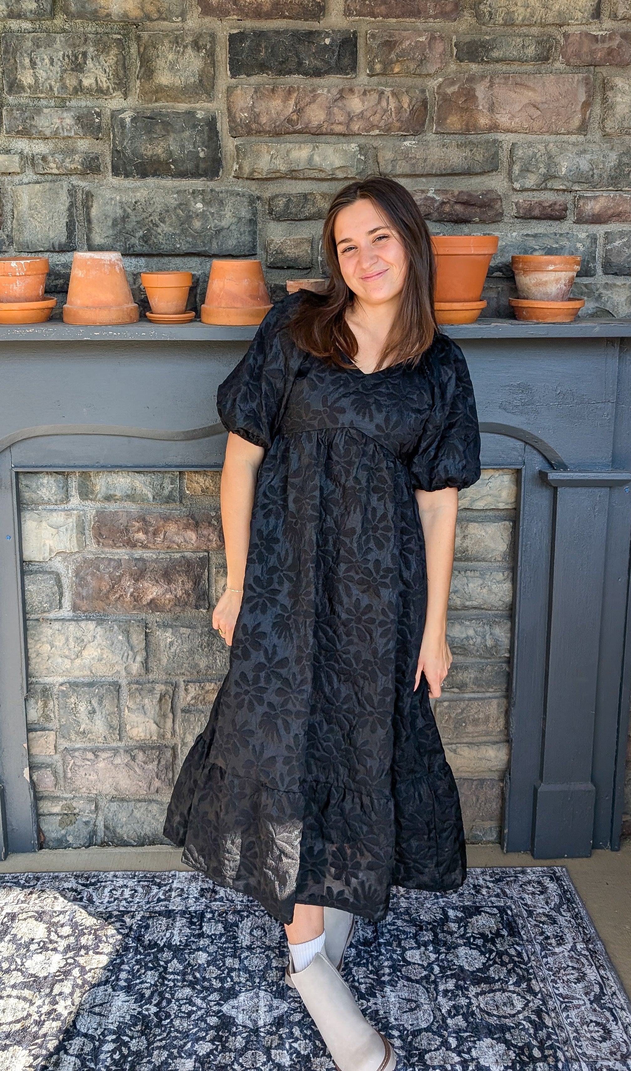 'Quinn' Floral Detail Midi Dress in Black