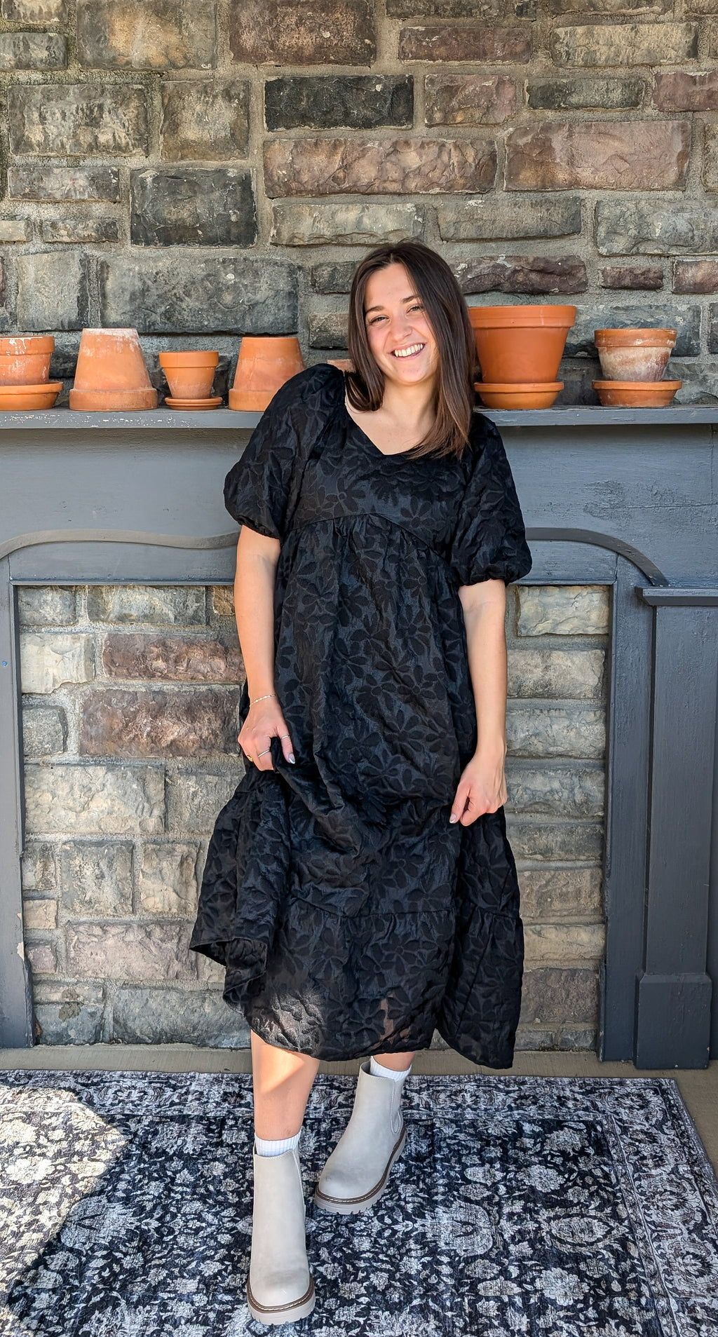 'Quinn' Floral Detail Midi Dress in Black