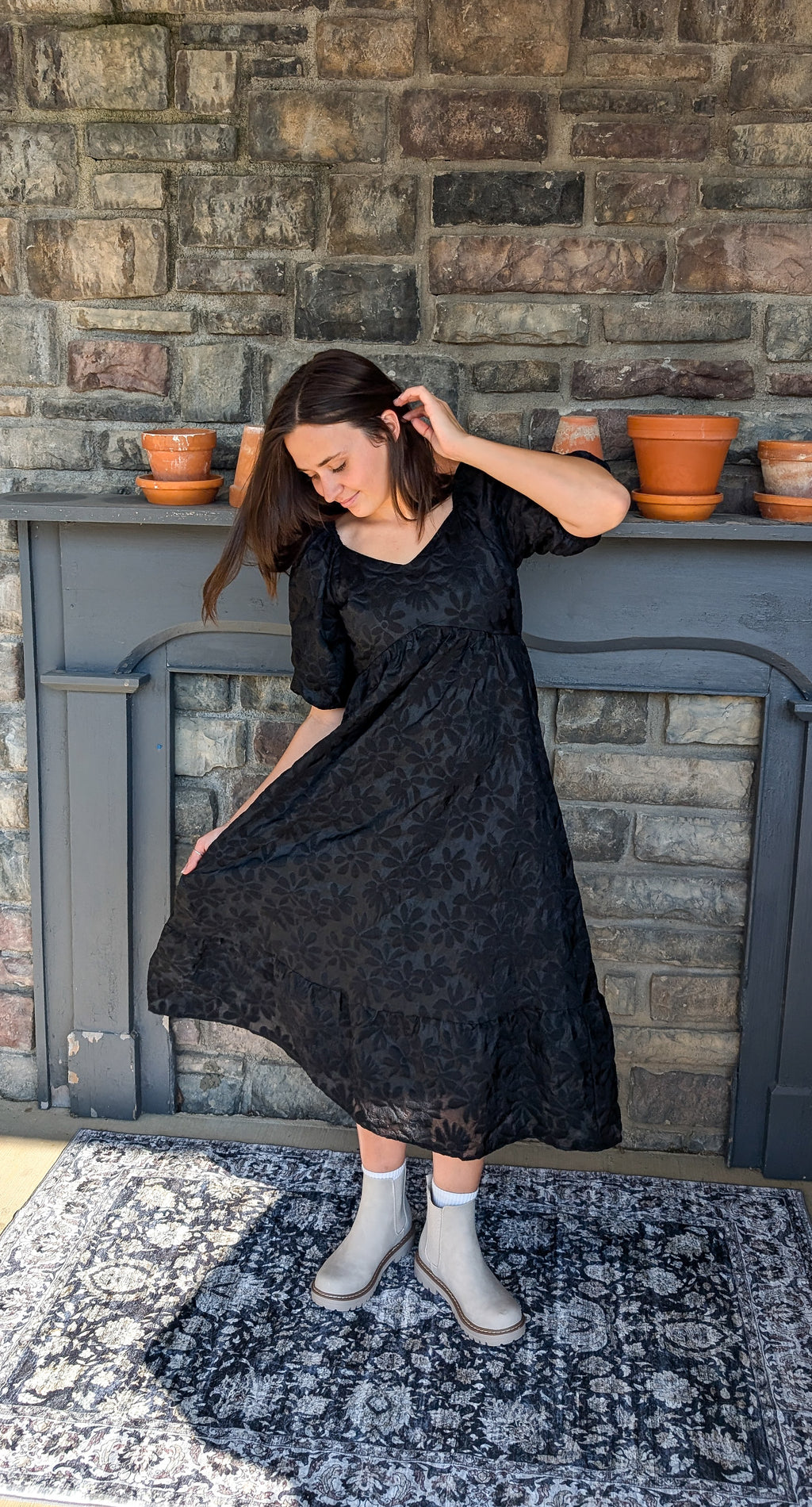 'Quinn' Floral Detail Midi Dress in Black