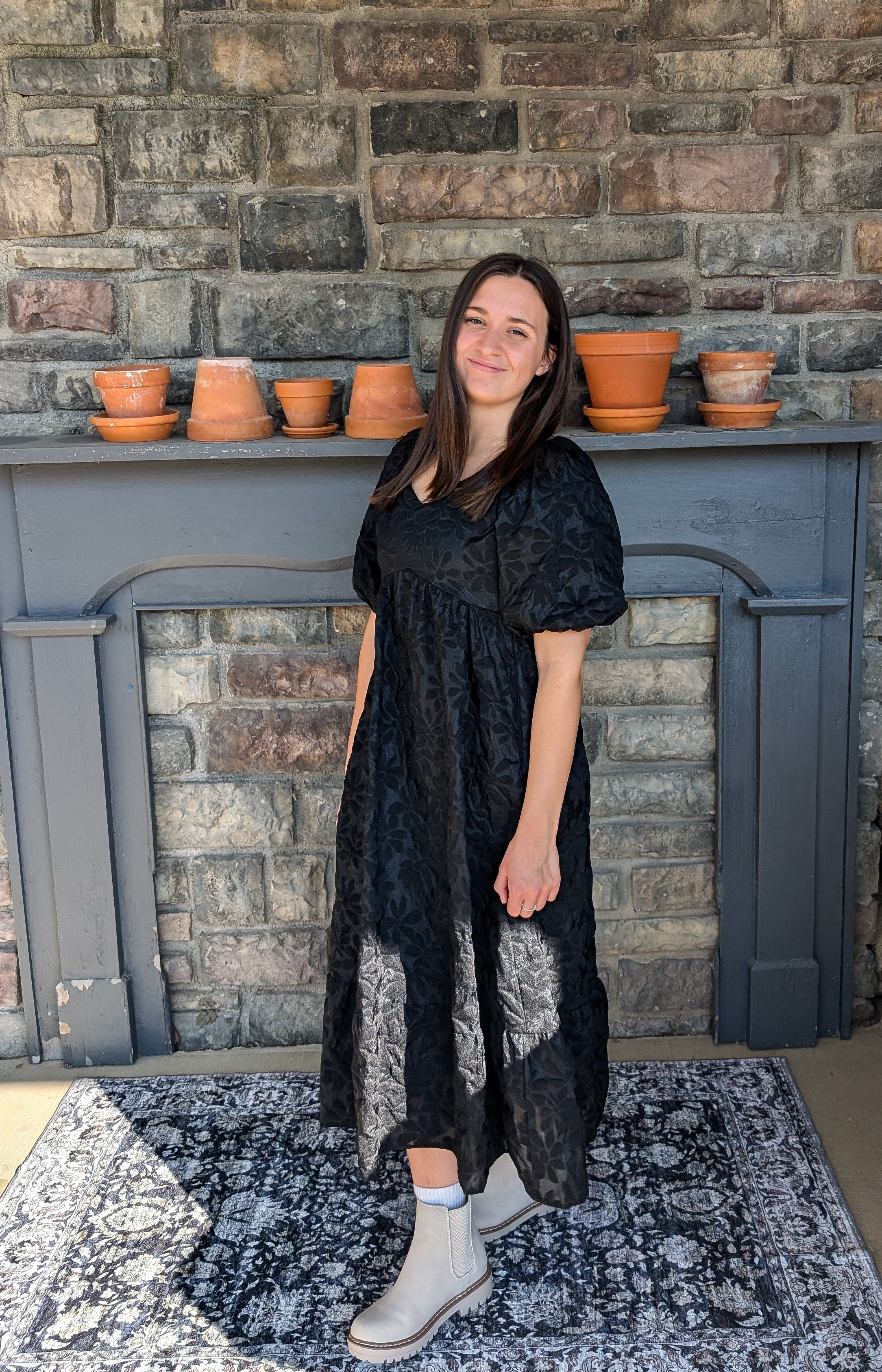 'Quinn' Floral Detail Midi Dress in Black