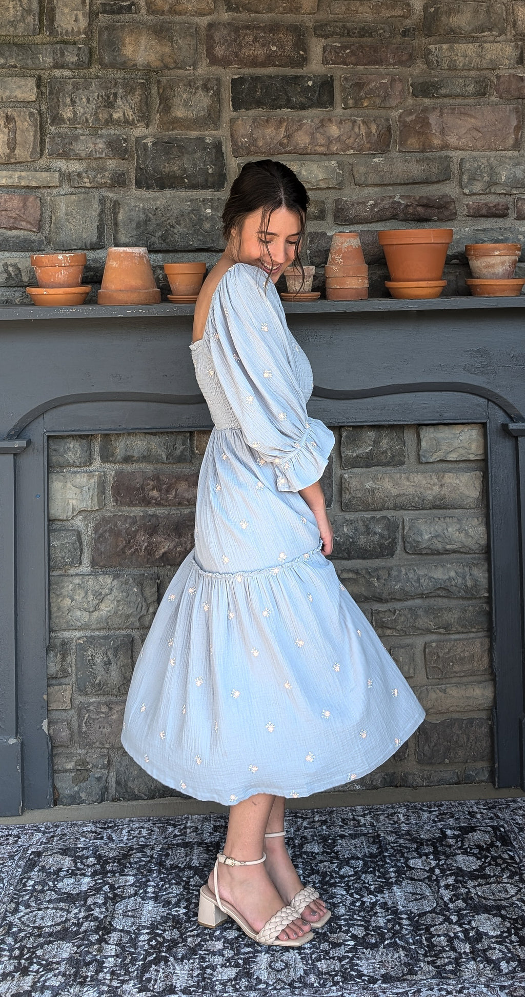 'Brynn' Cotton Square Neck Maxi Dress in Blue