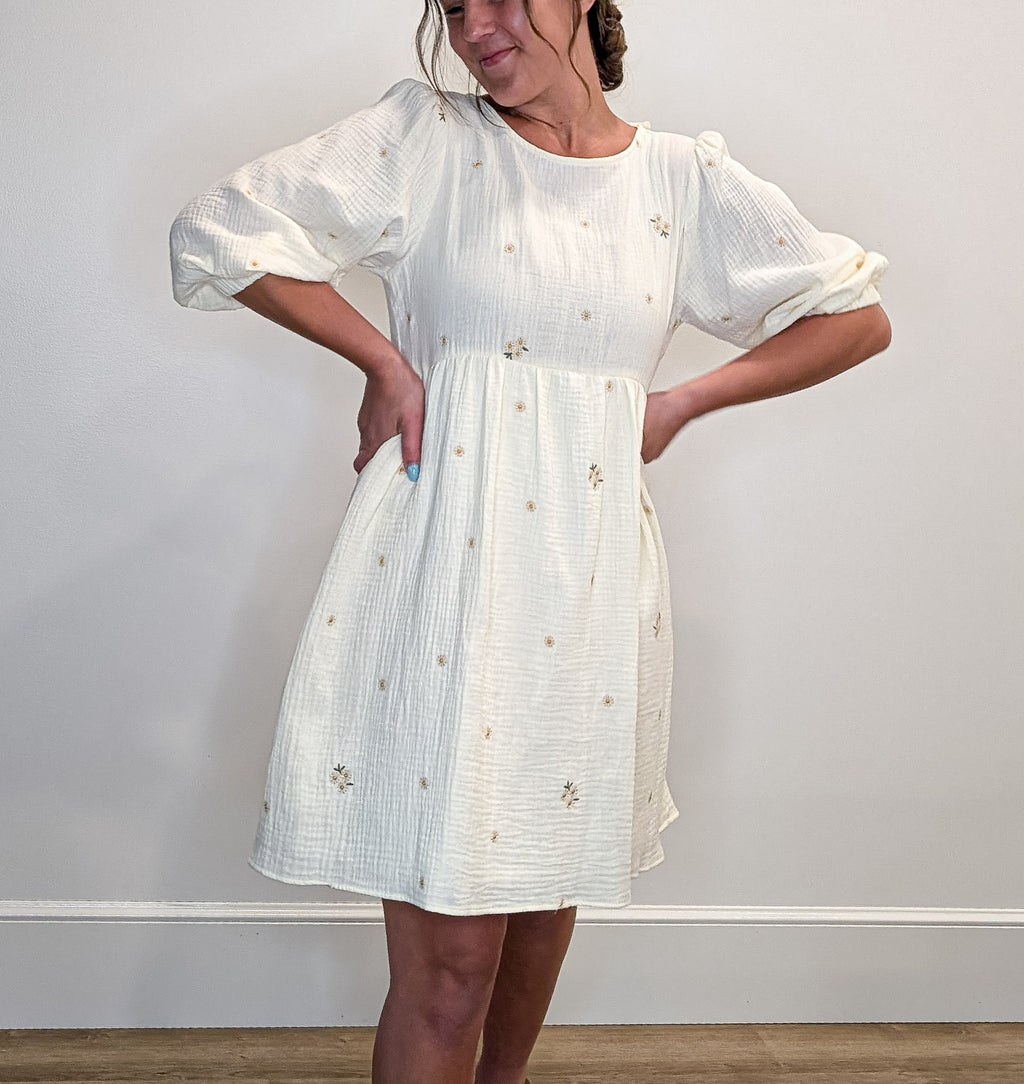 'Beckham' Embroidered Mini Dress in Cream