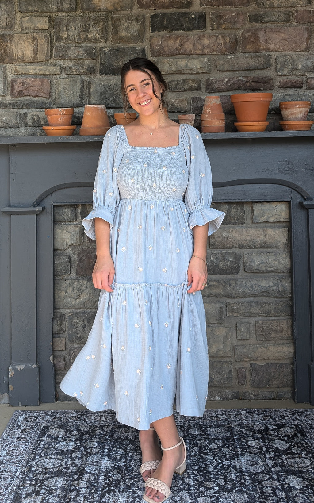 'Brynn' Cotton Square Neck Maxi Dress in Blue