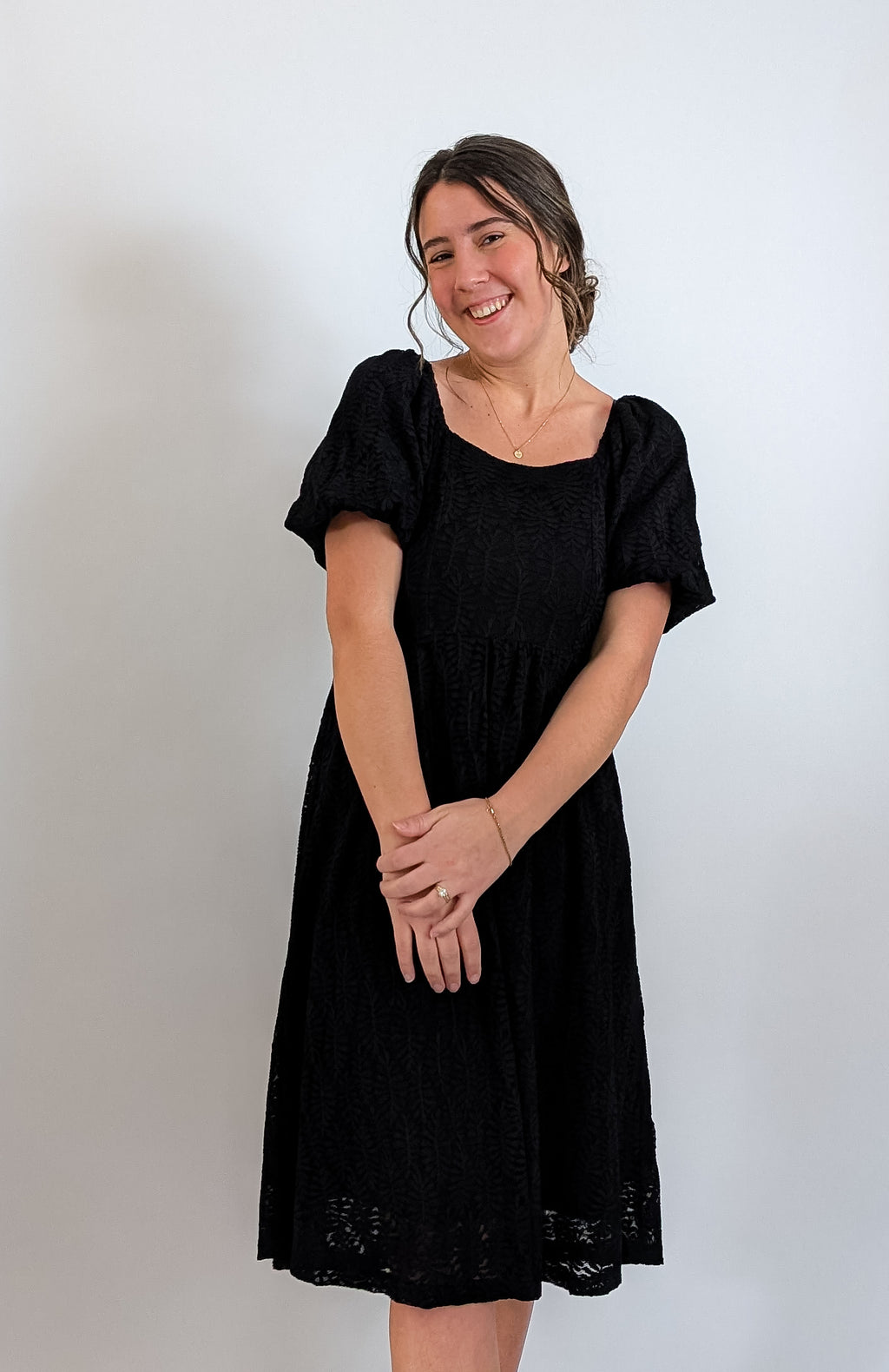 'Elowen' Square Neck Midi Dress in Black