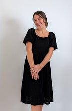 'Elowen' Square Neck Midi Dress in Black
