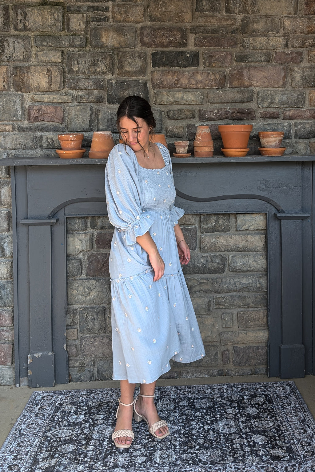 'Brynn' Cotton Square Neck Maxi Dress in Blue