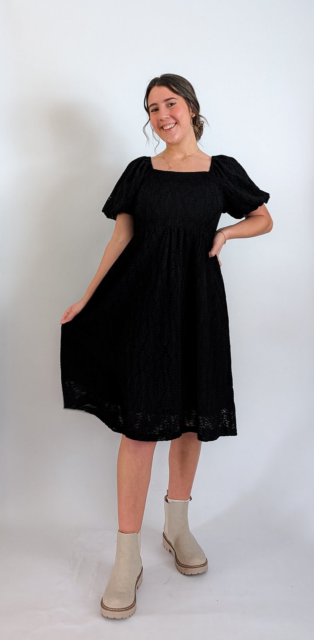 'Elowen' Square Neck Midi Dress in Black