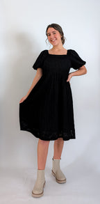 'Elowen' Square Neck Midi Dress in Black