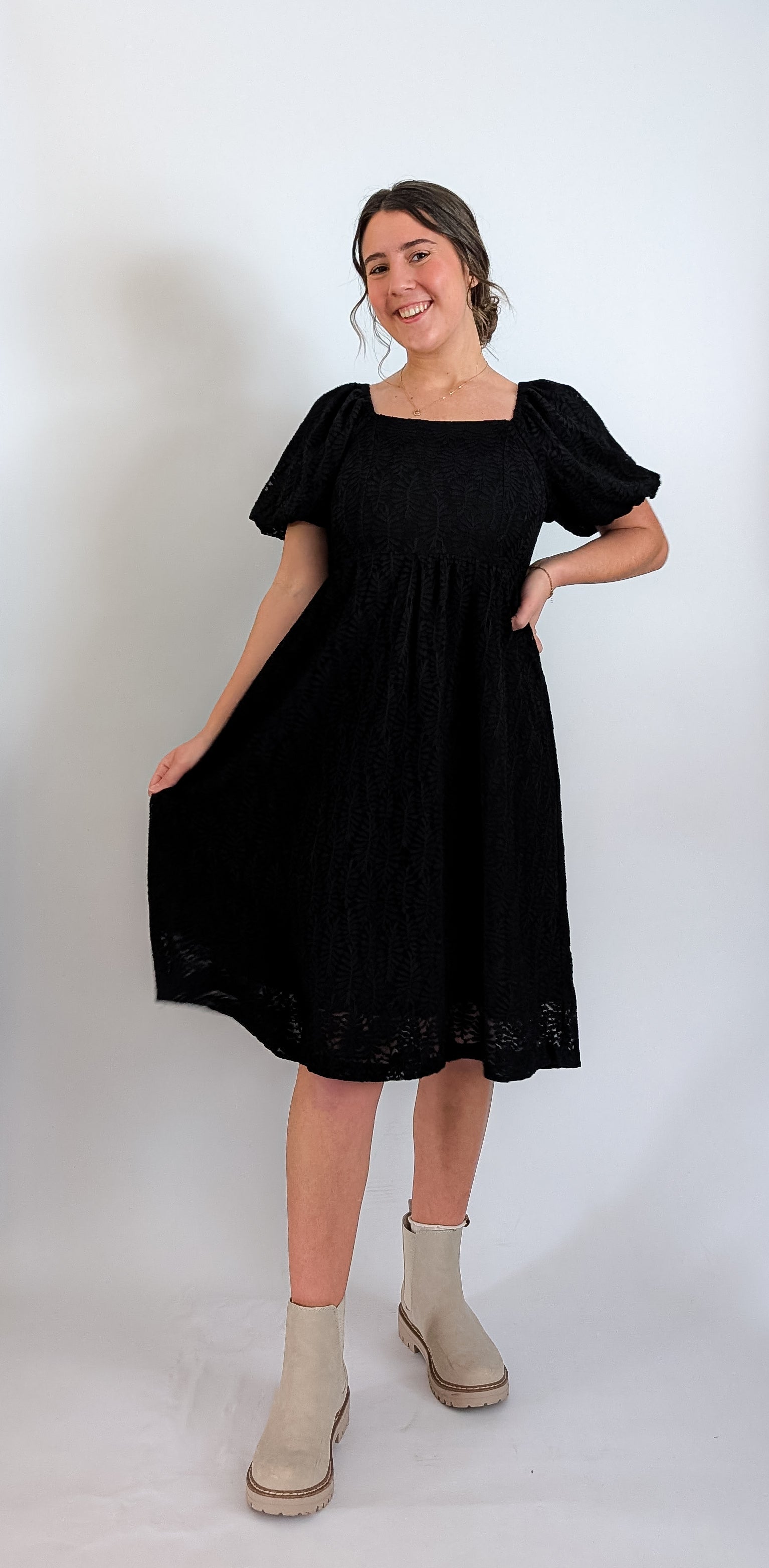 'Elowen' Square Neck Midi Dress in Black