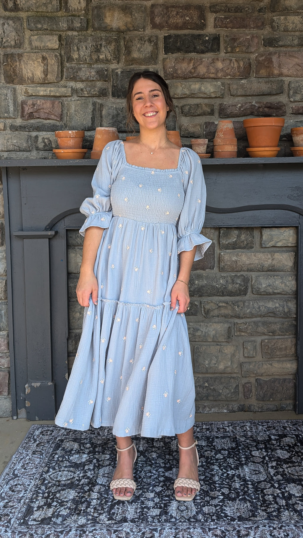 'Brynn' Cotton Square Neck Maxi Dress in Blue