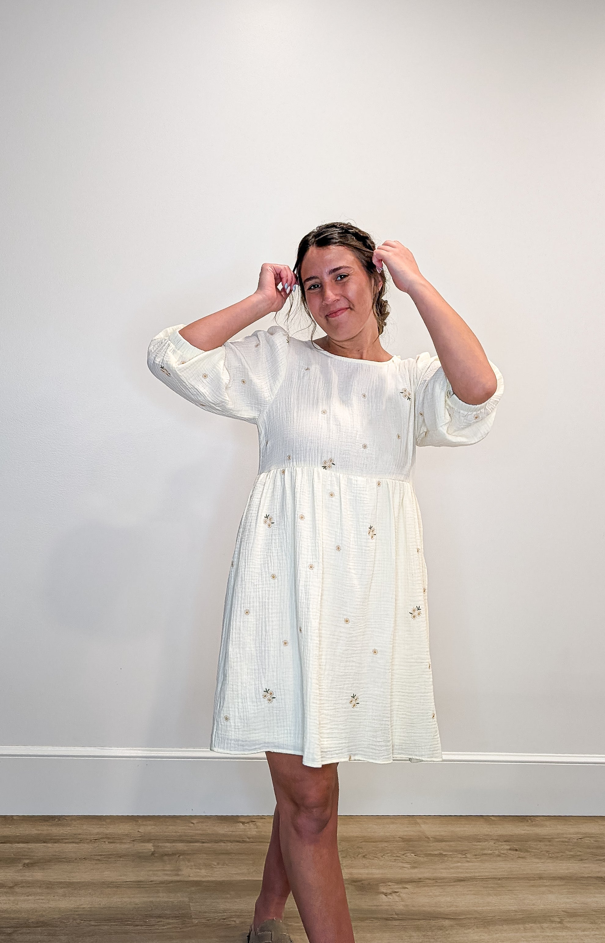 'Beckham' Embroidered Mini Dress in Cream