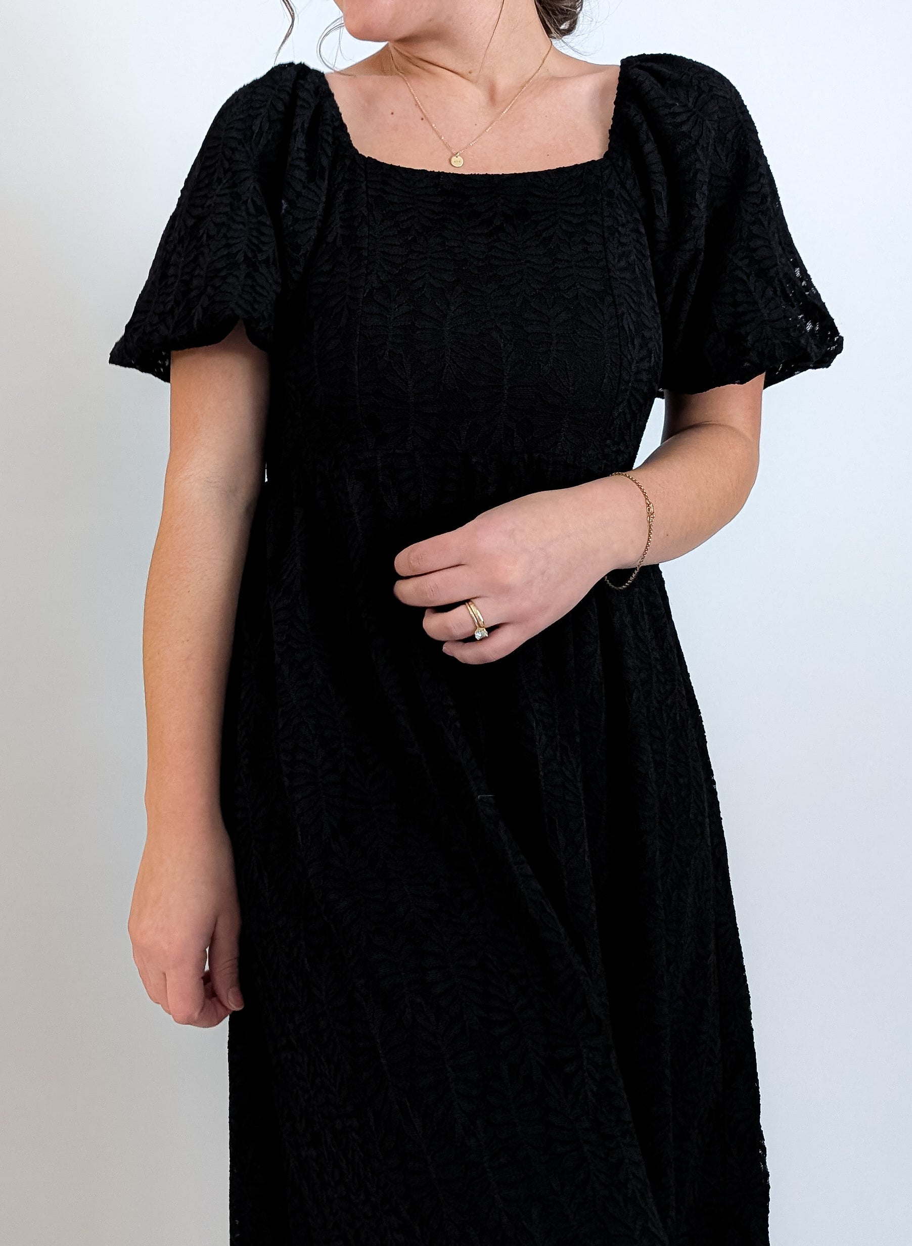 'Elowen' Square Neck Midi Dress in Black