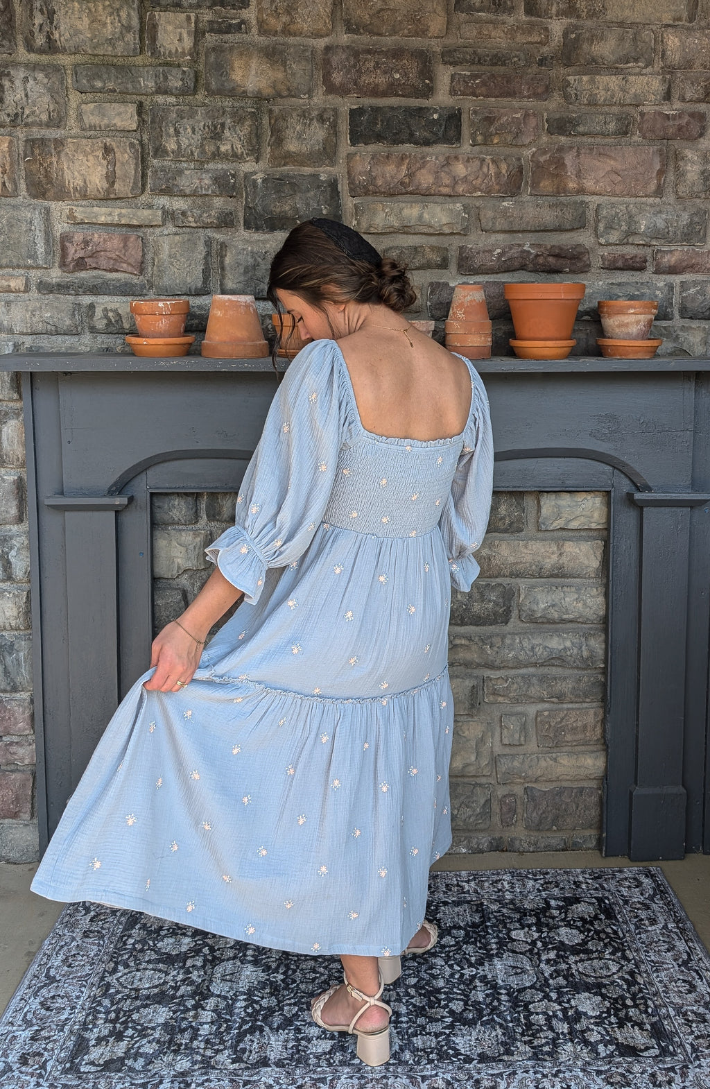 'Brynn' Cotton Square Neck Maxi Dress in Blue
