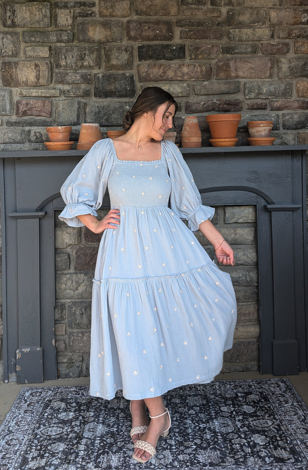 'Brynn' Cotton Square Neck Maxi Dress in Blue