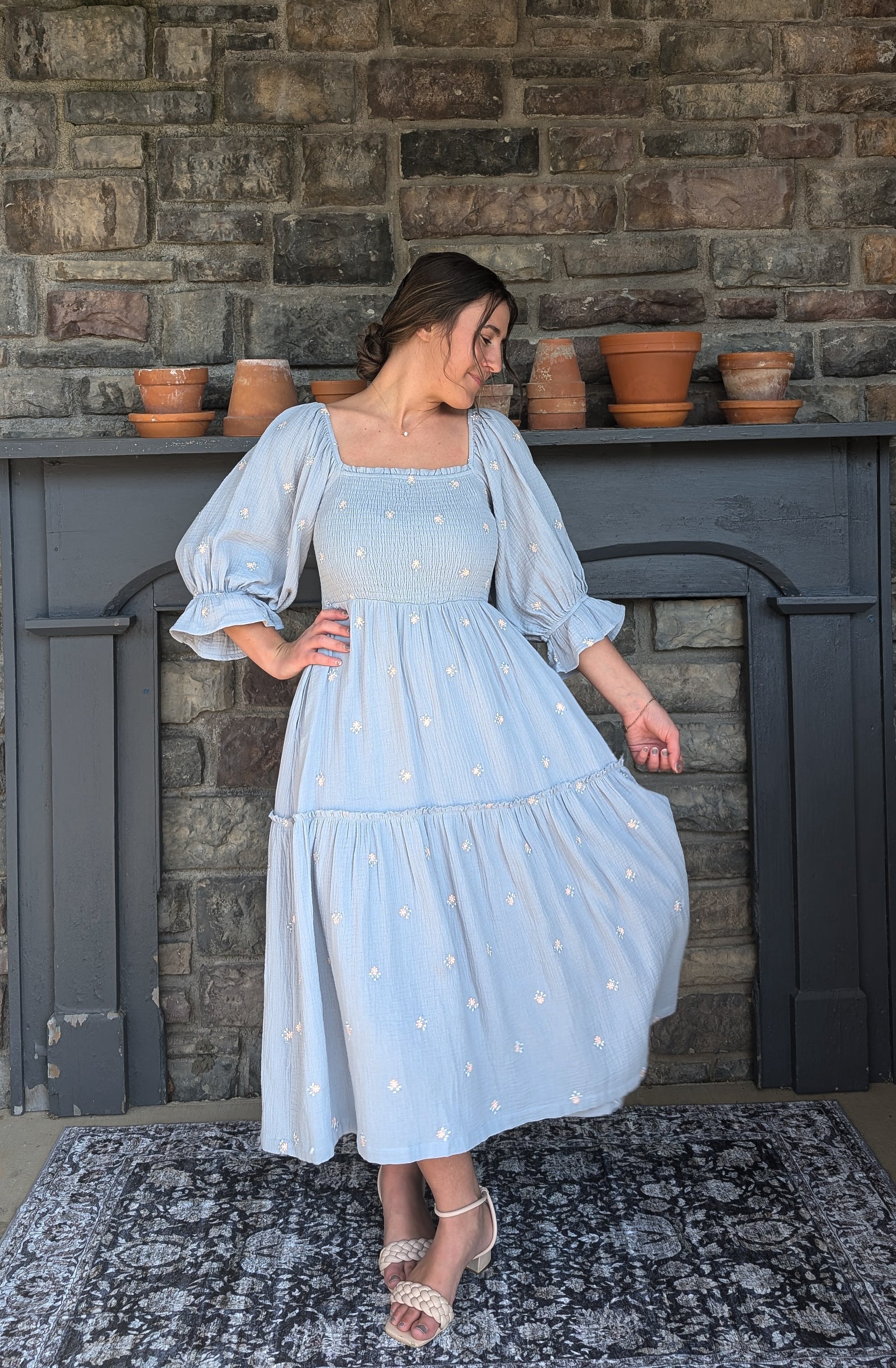 'Brynn' Cotton Square Neck Maxi Dress in Blue