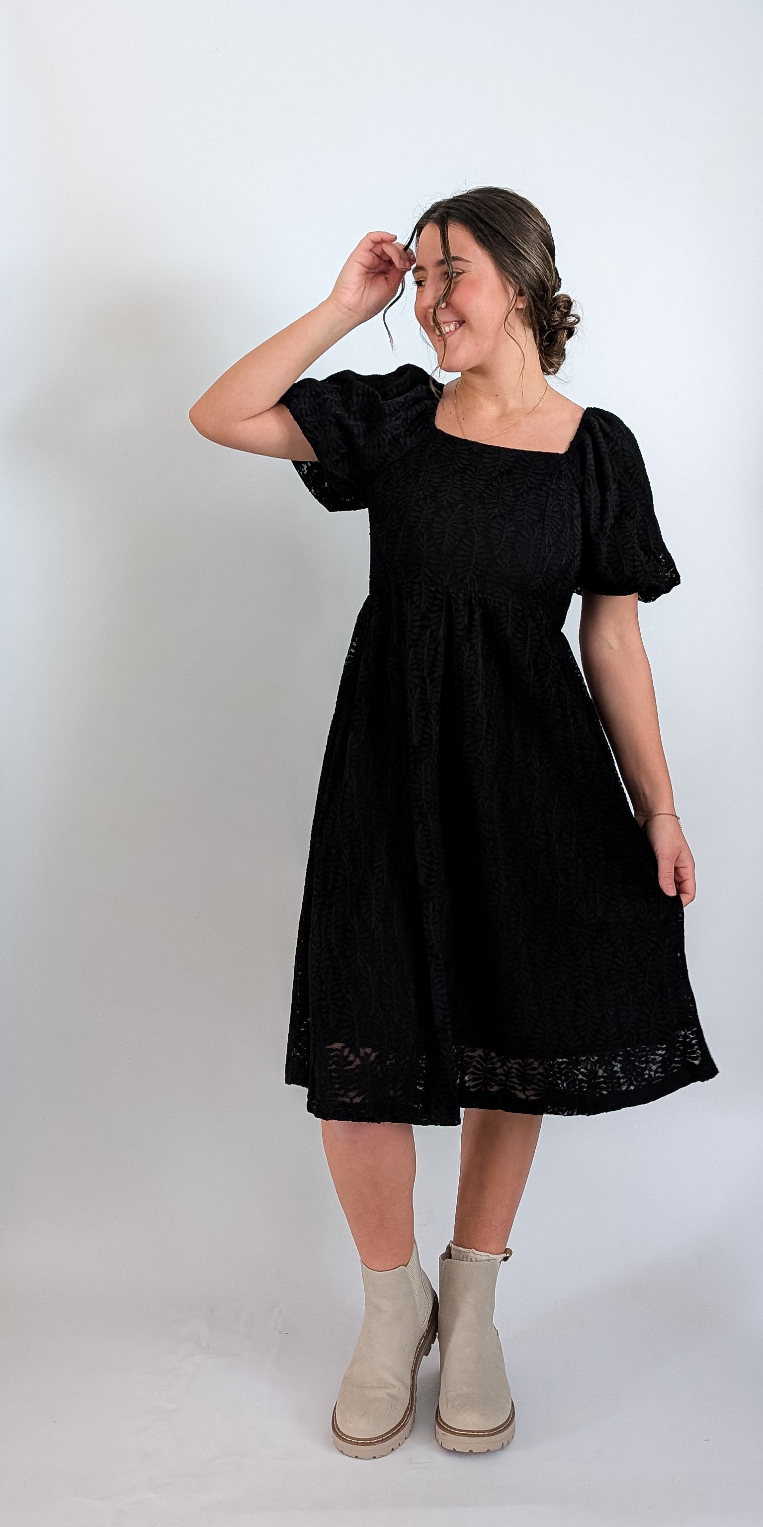 'Elowen' Square Neck Midi Dress in Black