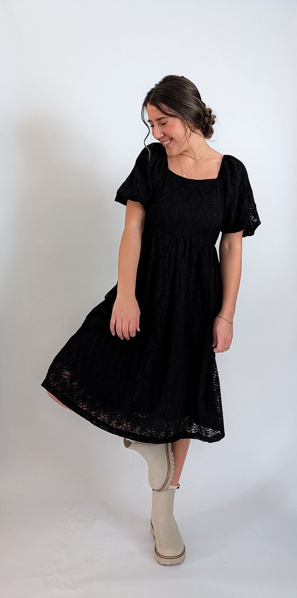 'Elowen' Square Neck Midi Dress in Black