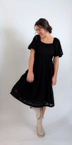 'Elowen' Square Neck Midi Dress in Black
