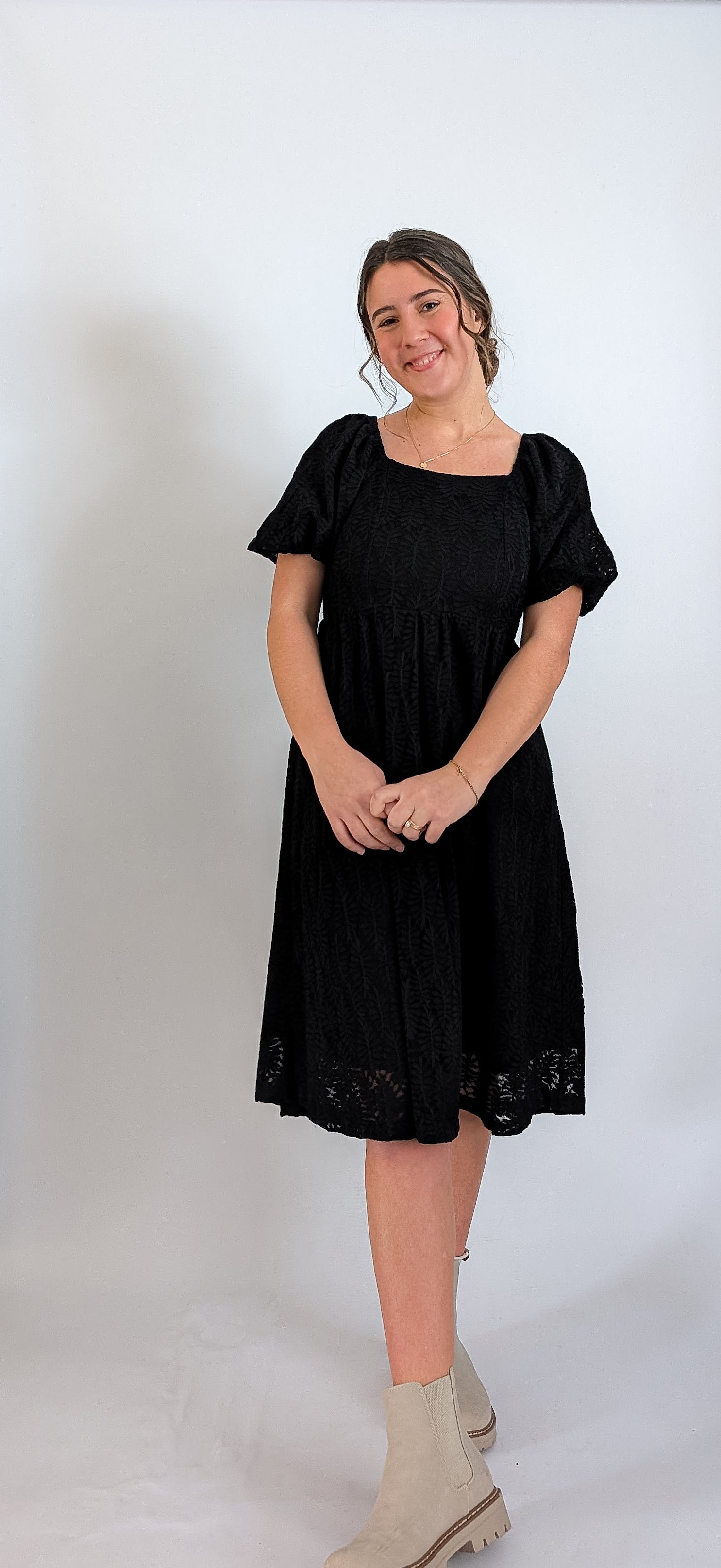 'Elowen' Square Neck Midi Dress in Black